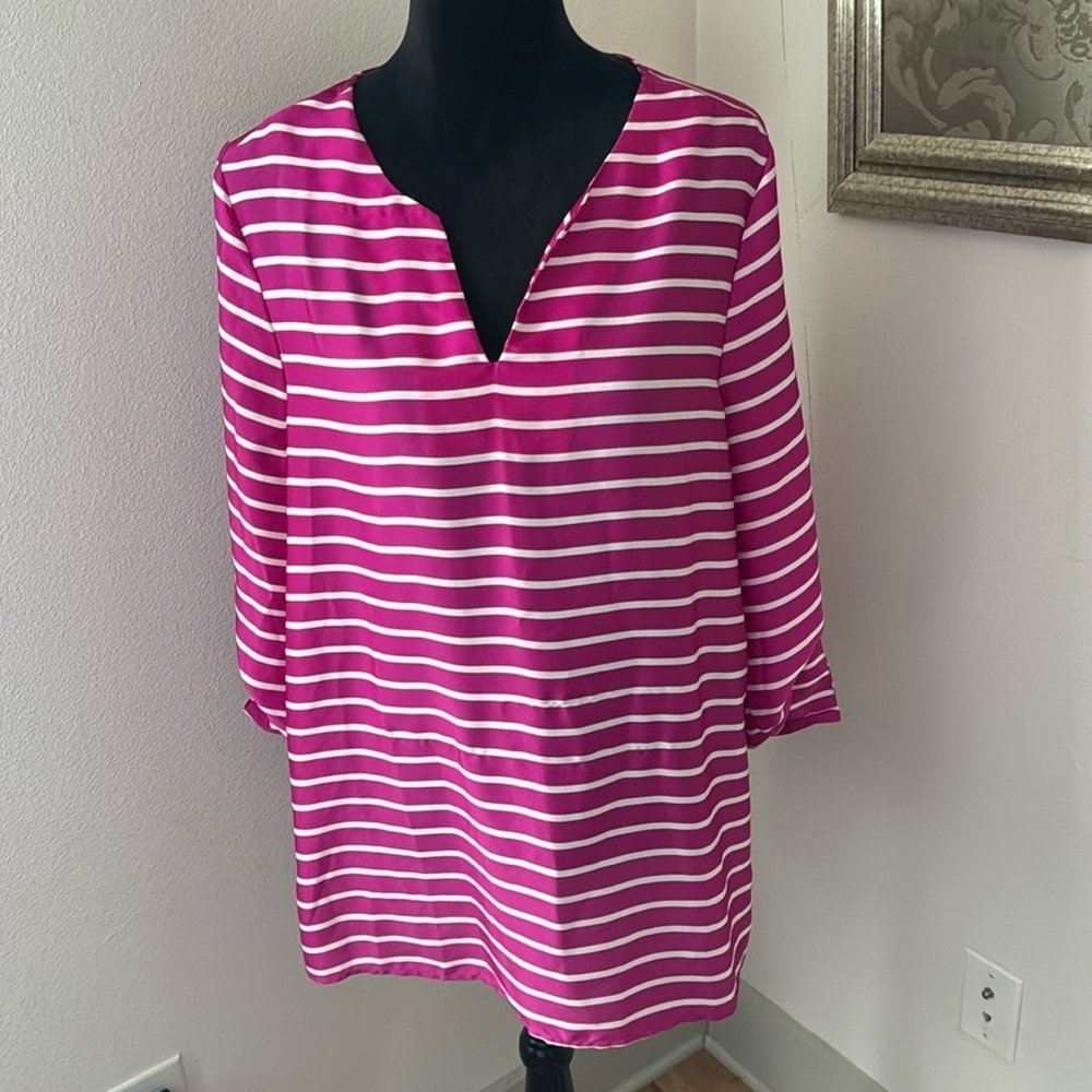 Ann Taylor’s pink white stripes V neck pull over blouse tunic style top Sz LP